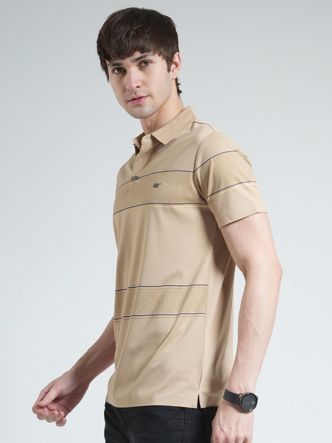 Men Beige Stripe Collar Half Sleeve T-Shirt