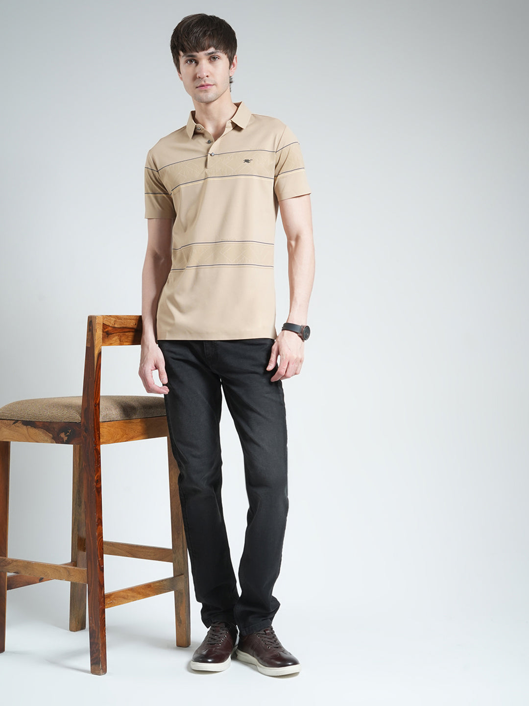 Men Beige Stripe Collar Half Sleeve T-Shirt