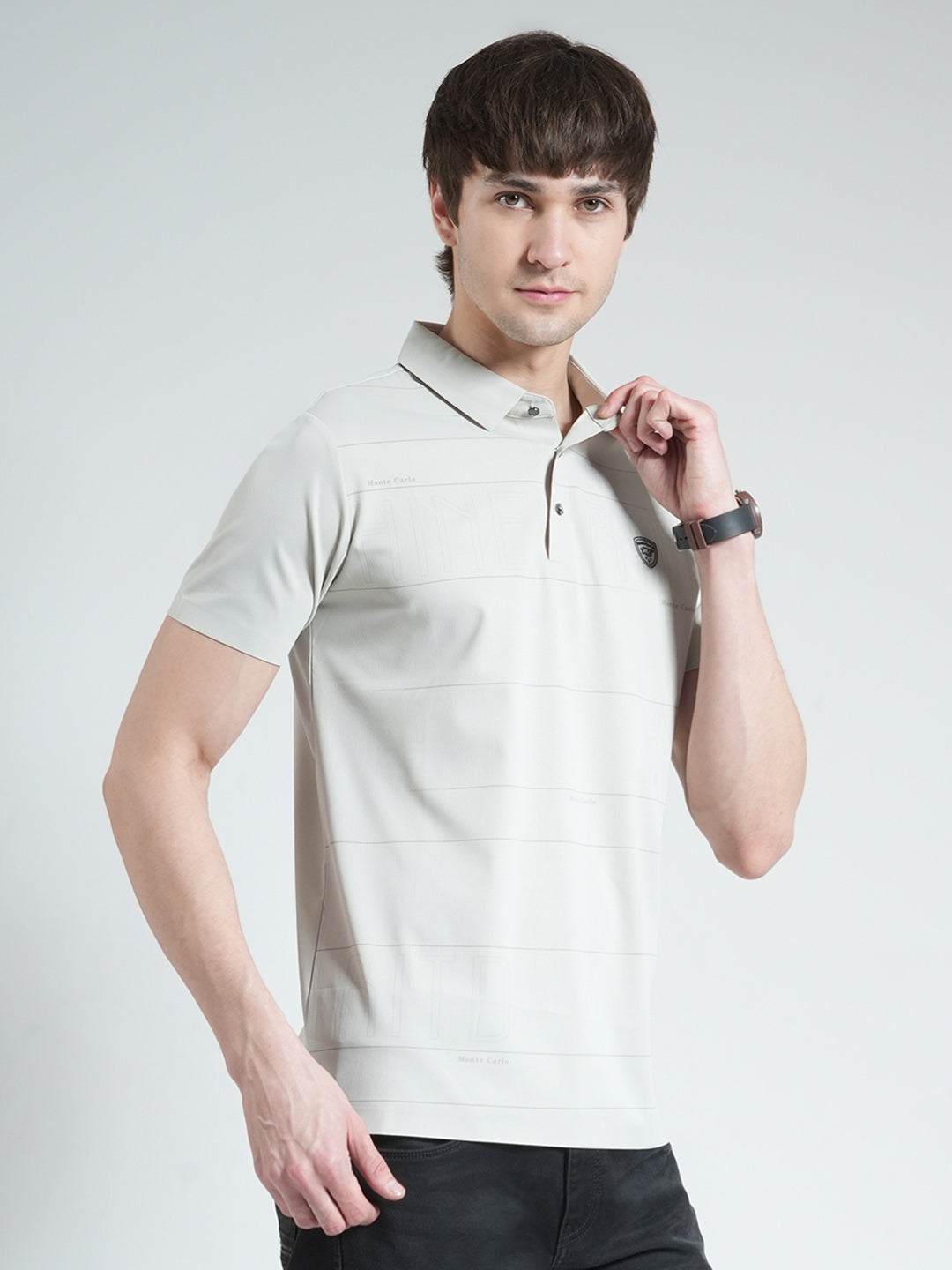 Men Grey Stripe Collar Half Sleeve T-Shirt