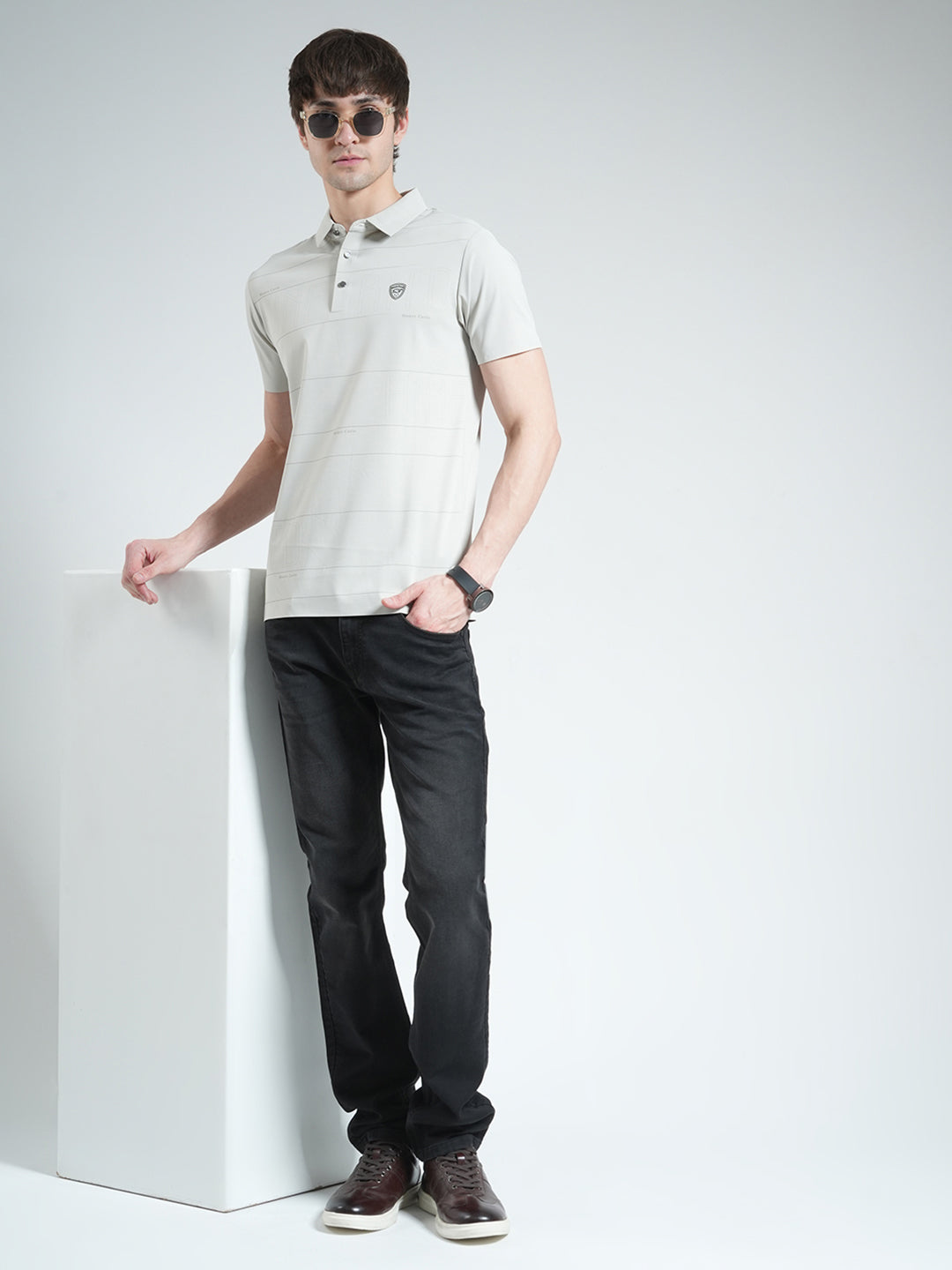 Men Grey Stripe Collar Half Sleeve T-Shirt