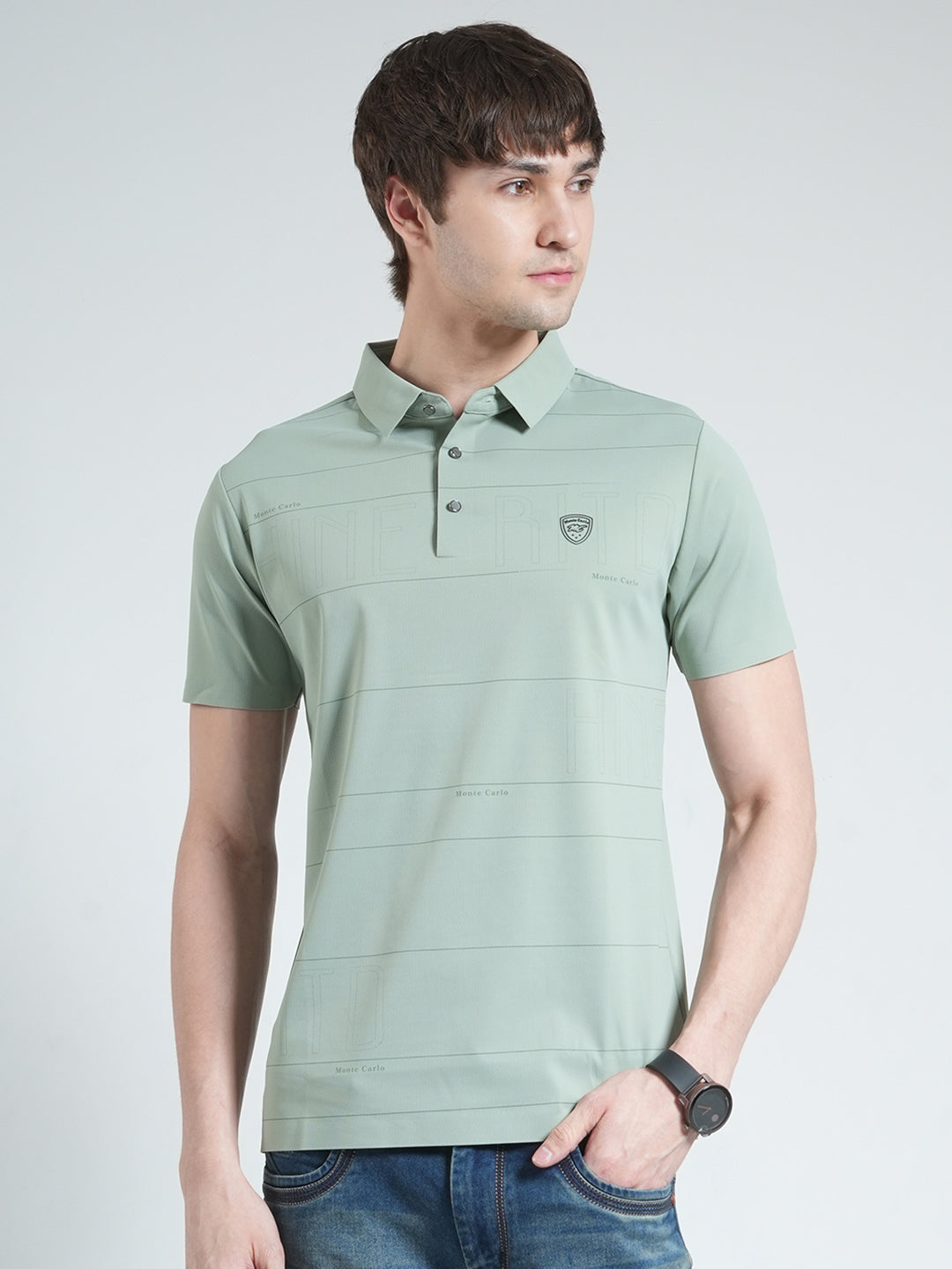 Men Green Stripe Collar Half Sleeve T-Shirt