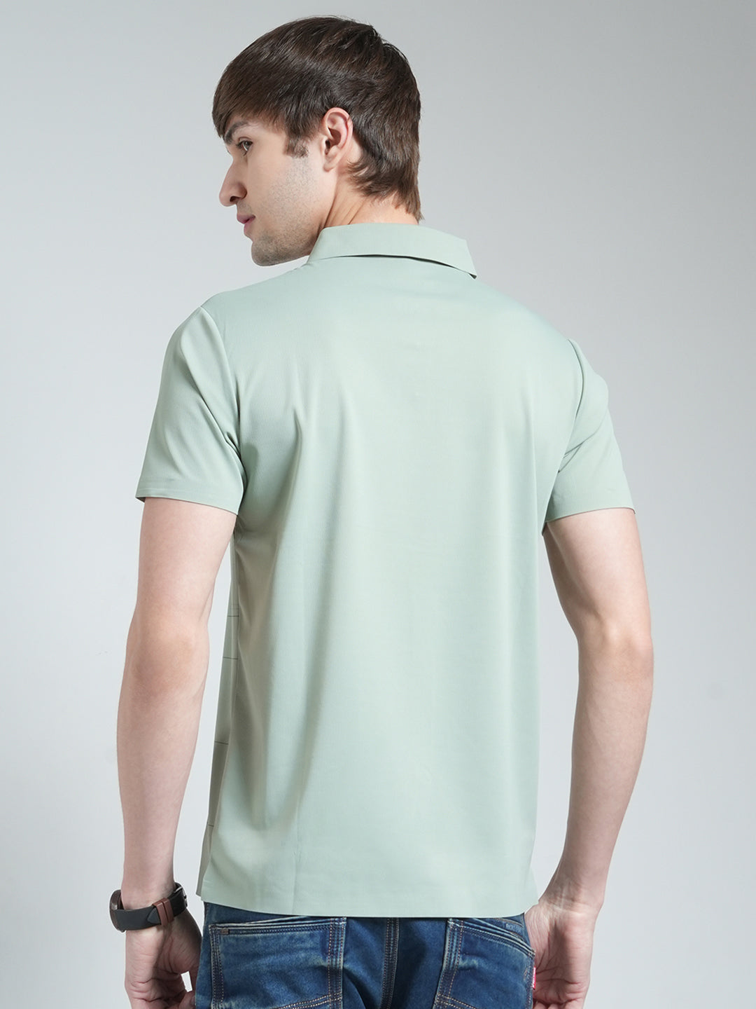 Men Green Stripe Collar Half Sleeve T-Shirt