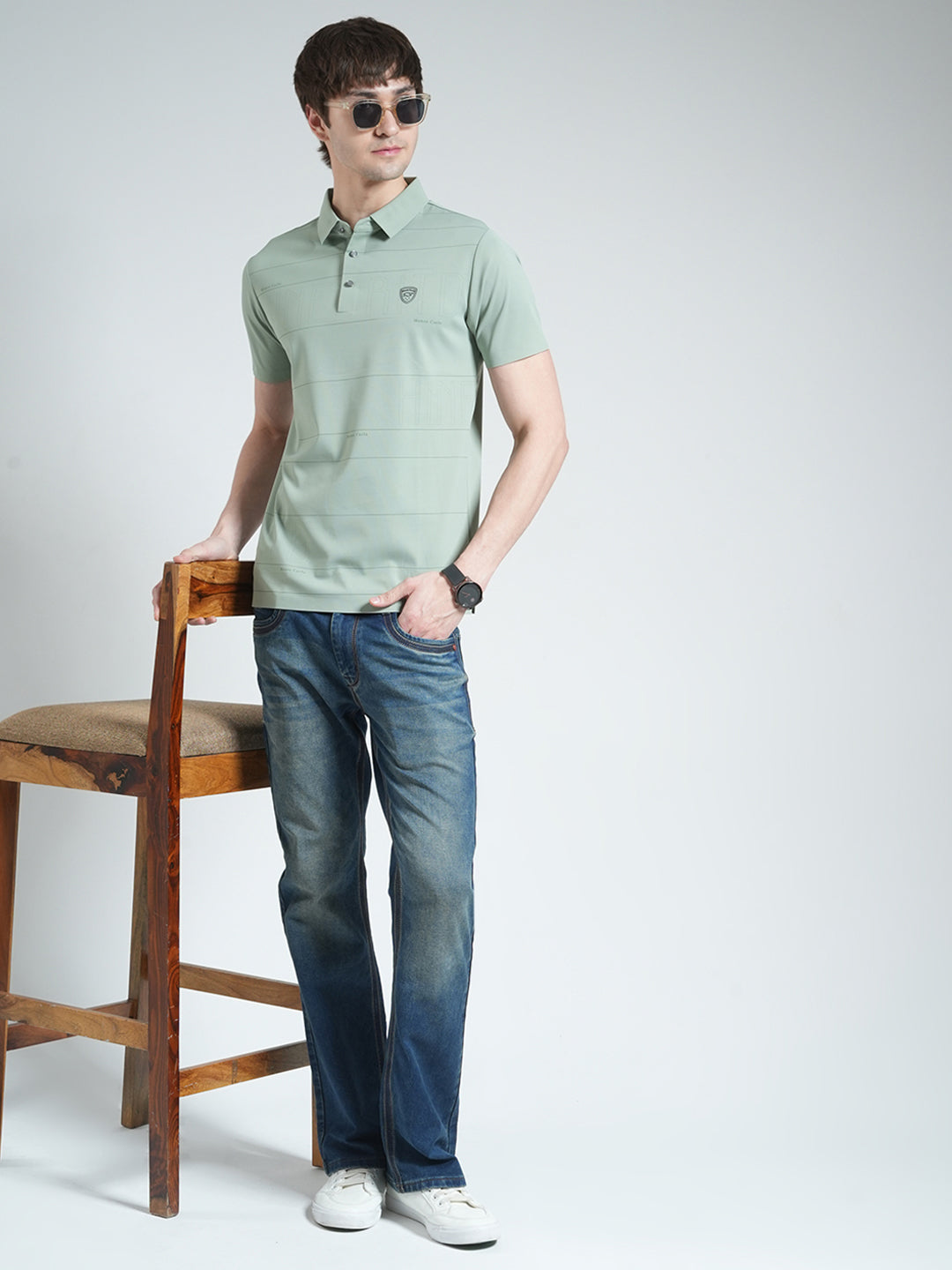 Men Green Stripe Collar Half Sleeve T-Shirt
