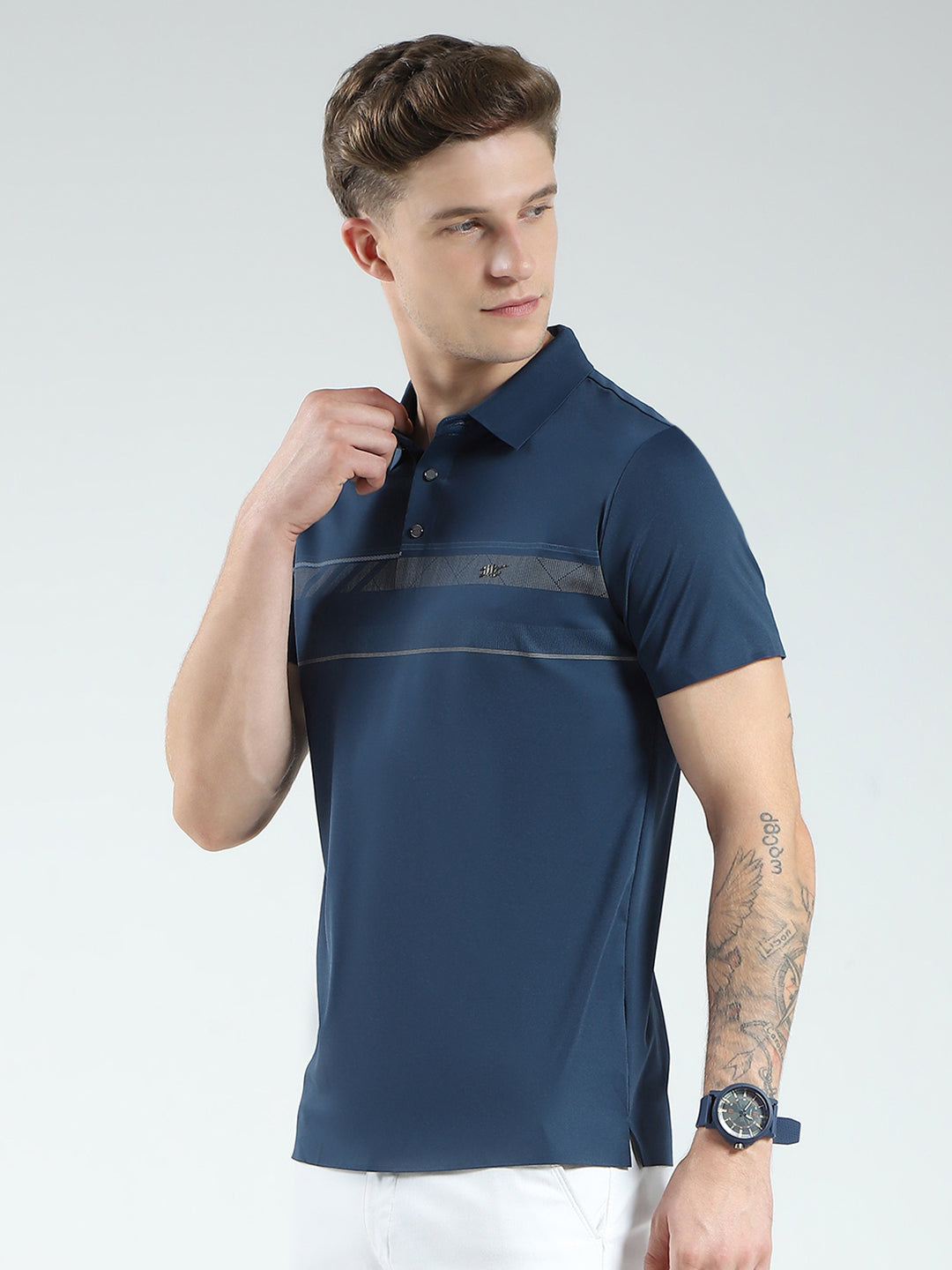 Men Blue Printed Collar Half Sleeve T-Shirt
