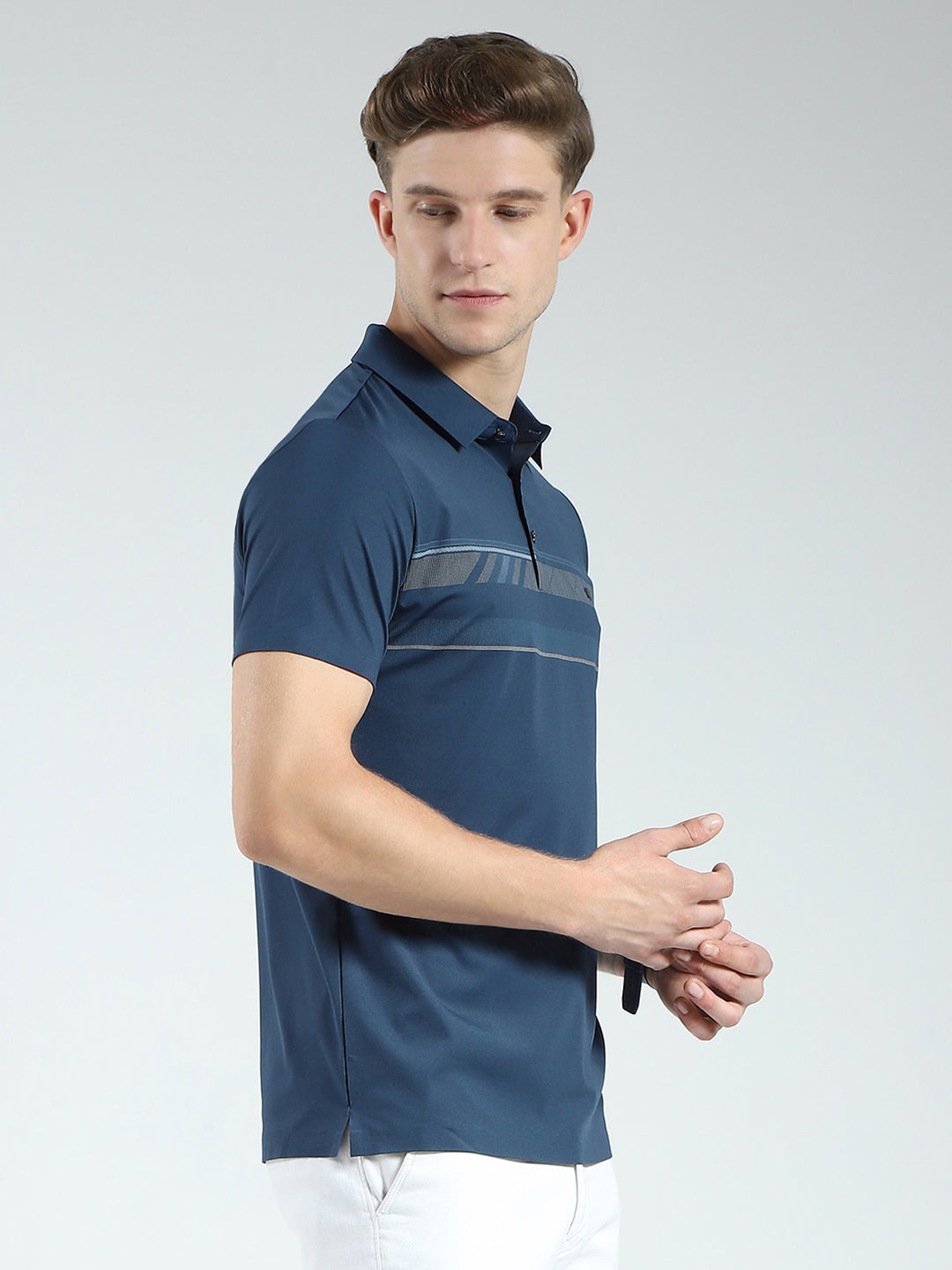 Men Blue Printed Collar Half Sleeve T-Shirt