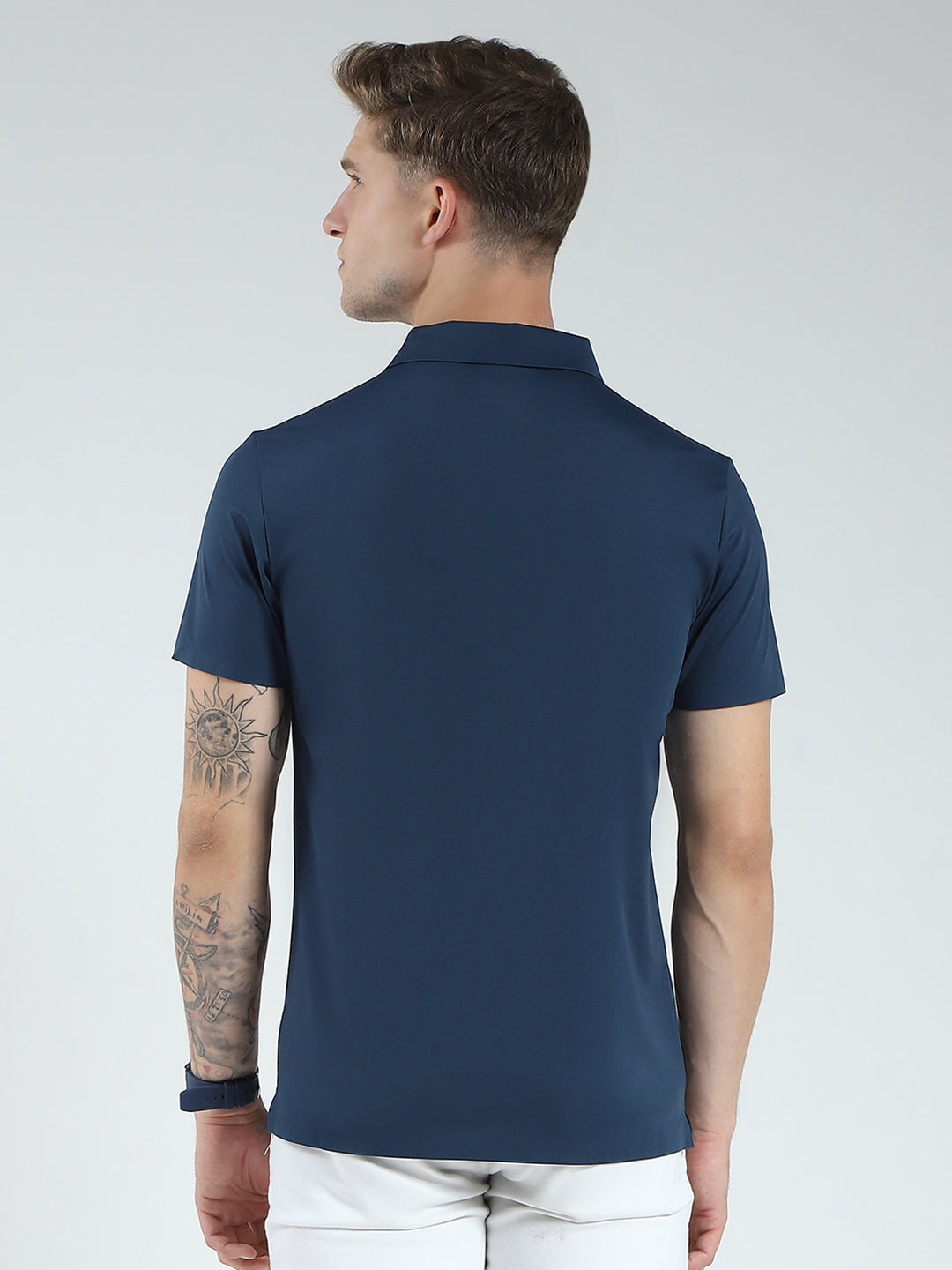Men Blue Printed Collar Half Sleeve T-Shirt