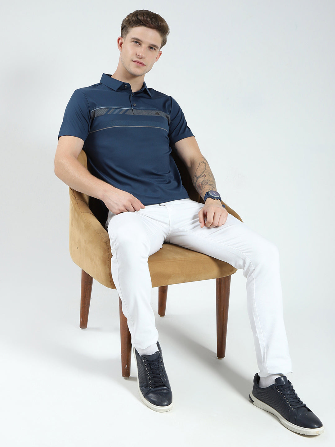 Men Blue Printed Collar Half Sleeve T-Shirt