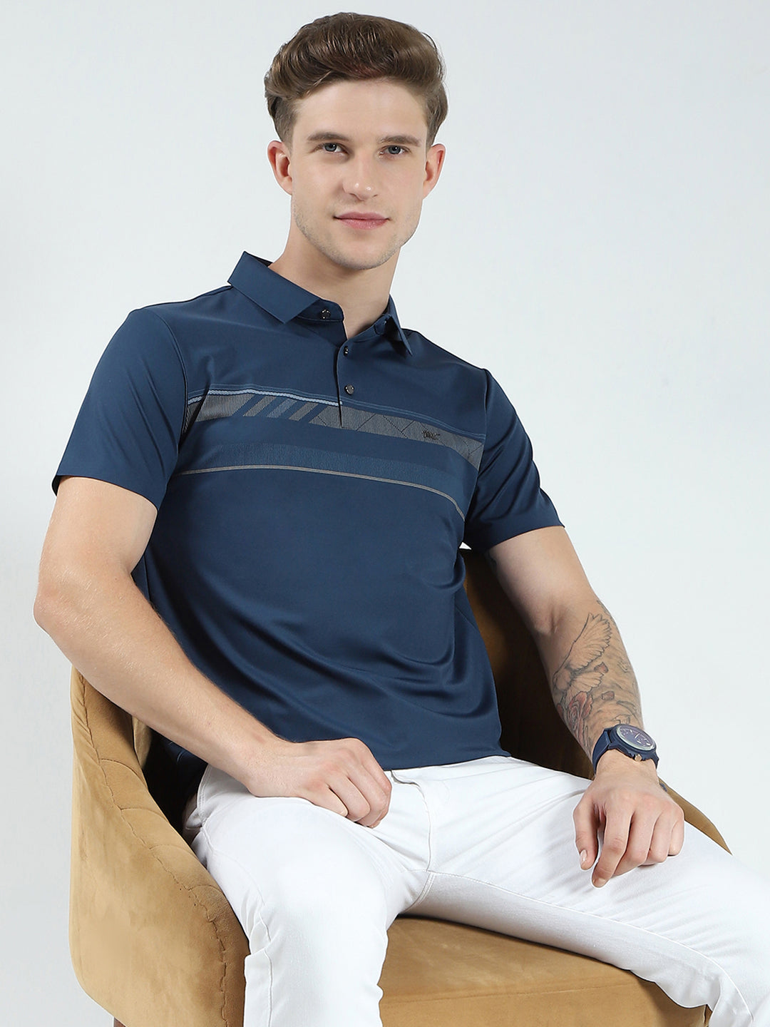 Men Blue Printed Collar Half Sleeve T-Shirt