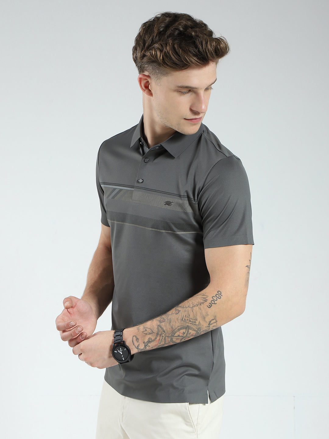 Men Charcoal Printed Collar Half Sleeve T-Shirt