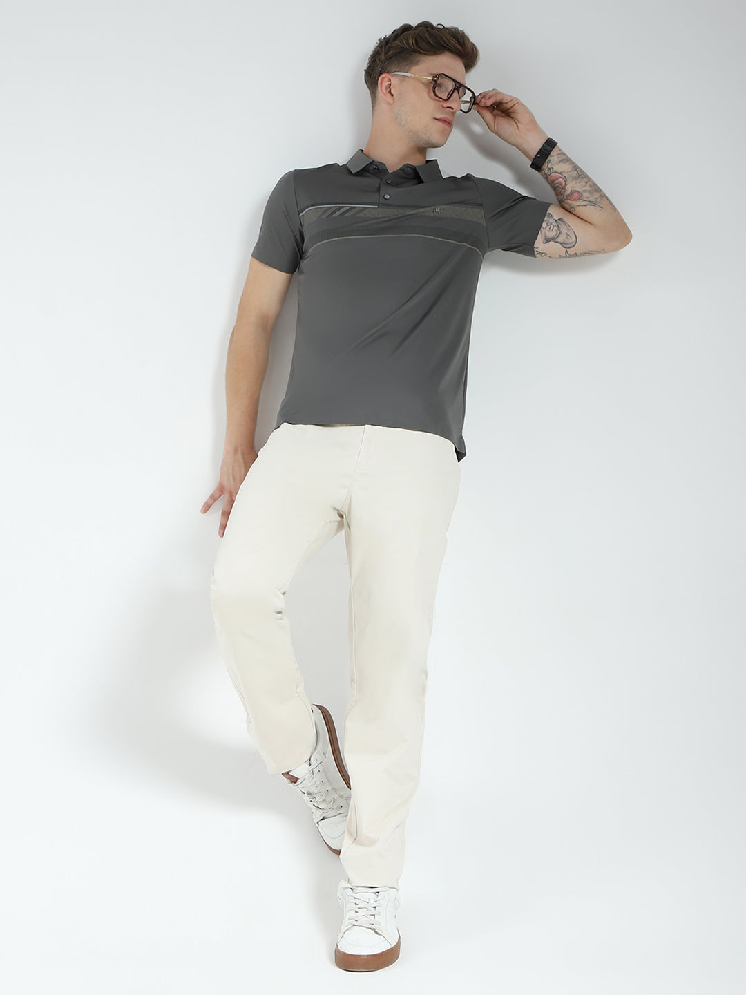 Men Charcoal Printed Collar Half Sleeve T-Shirt