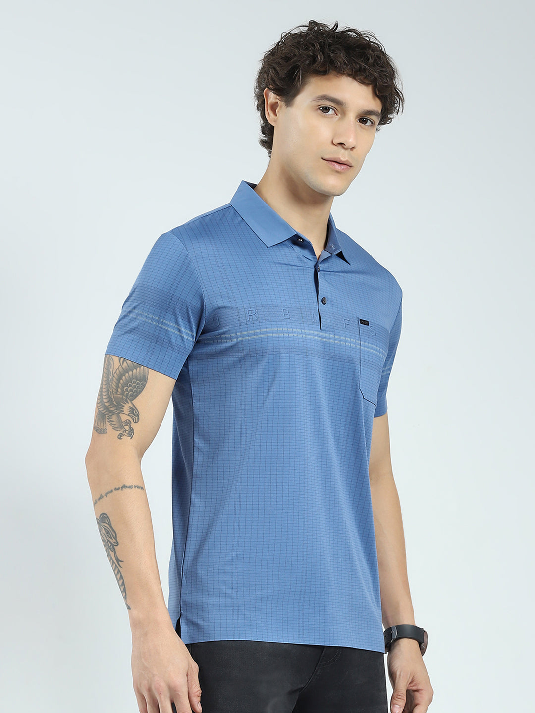 Men Blue Printed Collar Half Sleeve T-Shirt