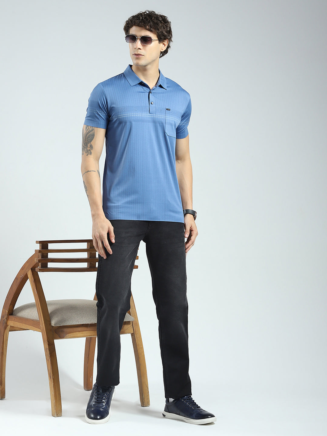 Men Blue Printed Collar Half Sleeve T-Shirt