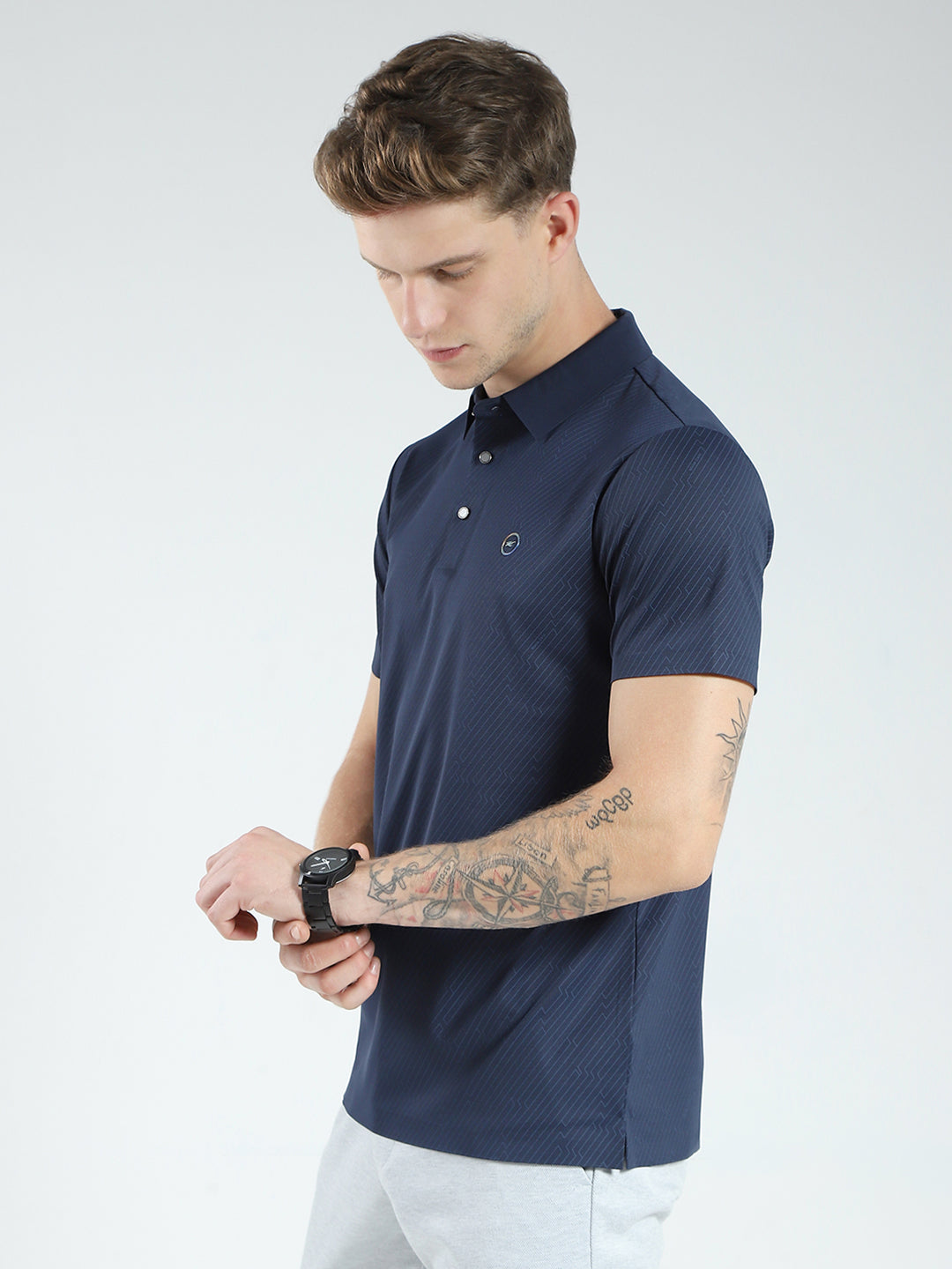 Men Navy Blue Solid Collar Half Sleeve T-Shirt