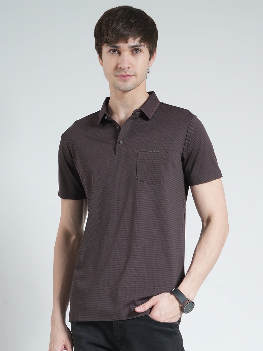 Men Brown Solid Collar Half Sleeve T-Shirt