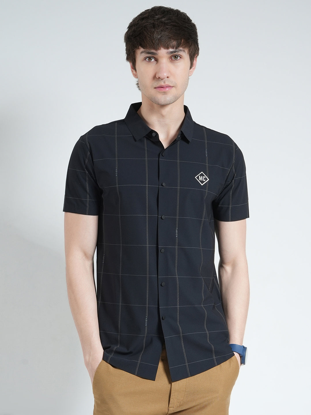 Men Black Printed Collar Half Sleeve Shirt