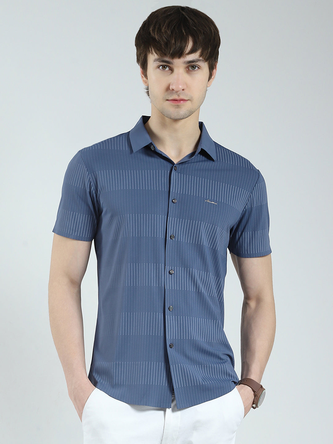 Men Blue Printed Collar Half Sleeve Shirt