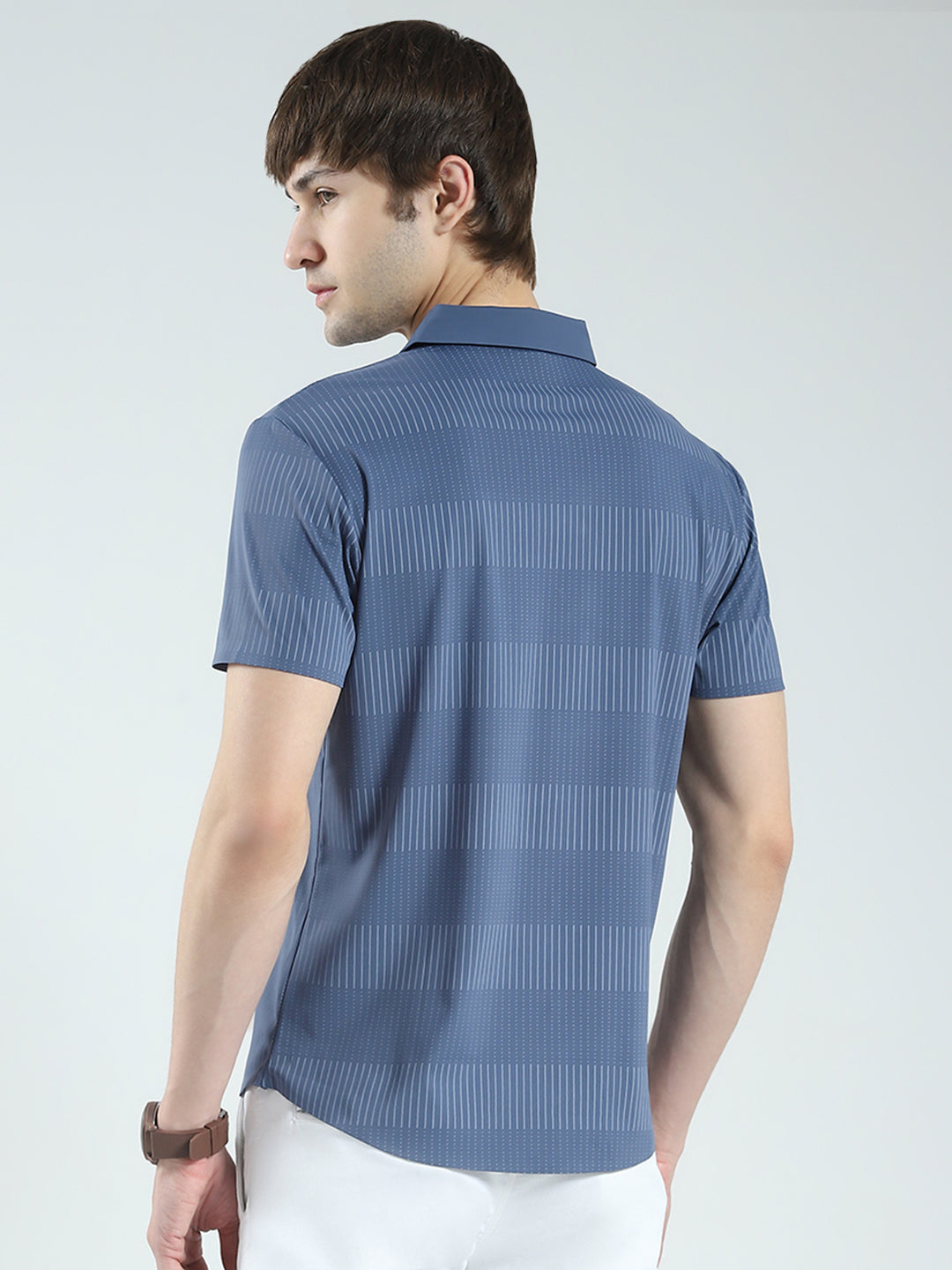 Men Blue Printed Collar Half Sleeve Shirt