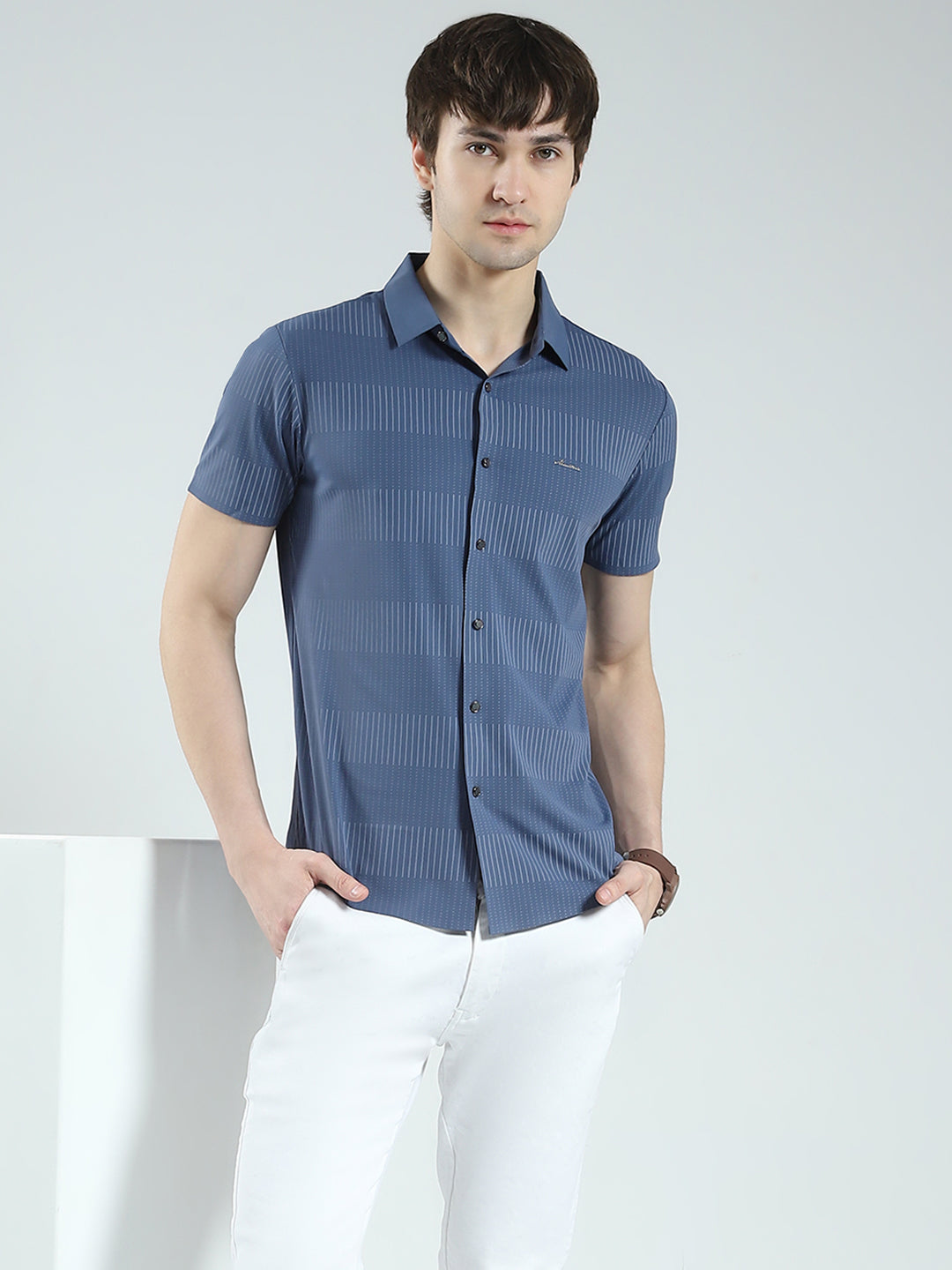 Men Blue Printed Collar Half Sleeve Shirt
