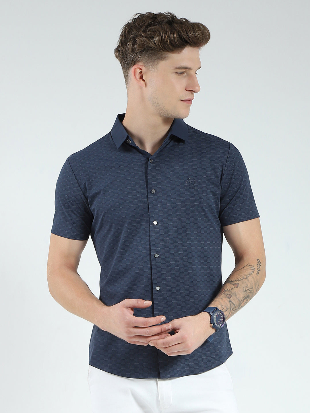 Men Navy Blue Printed Collar Half Sleeve Shirt