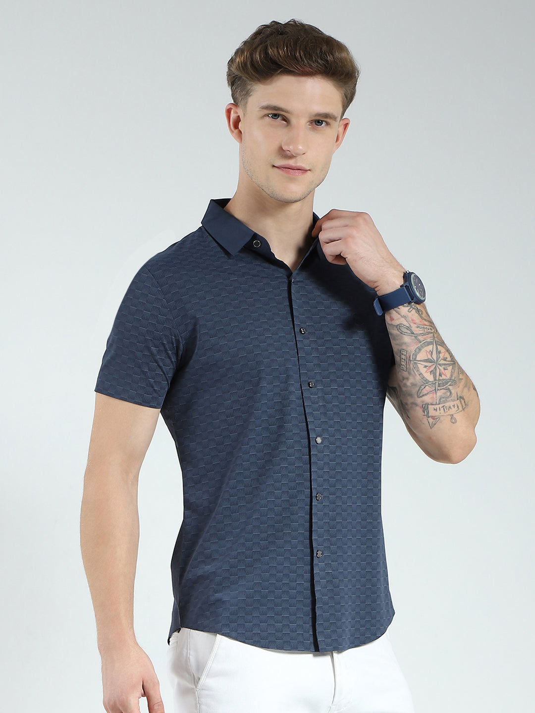 Men Navy Blue Printed Collar Half Sleeve Shirt