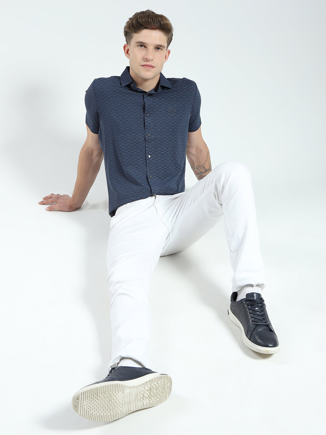 Men Navy Blue Printed Collar Half Sleeve Shirt