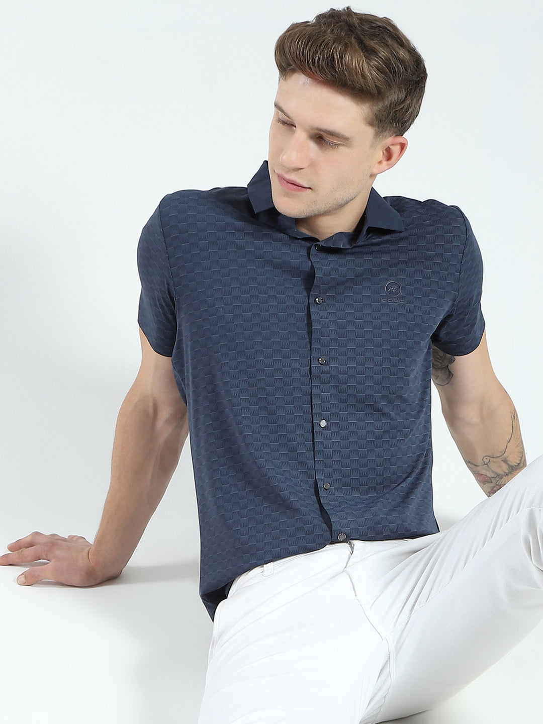 Men Navy Blue Printed Collar Half Sleeve Shirt