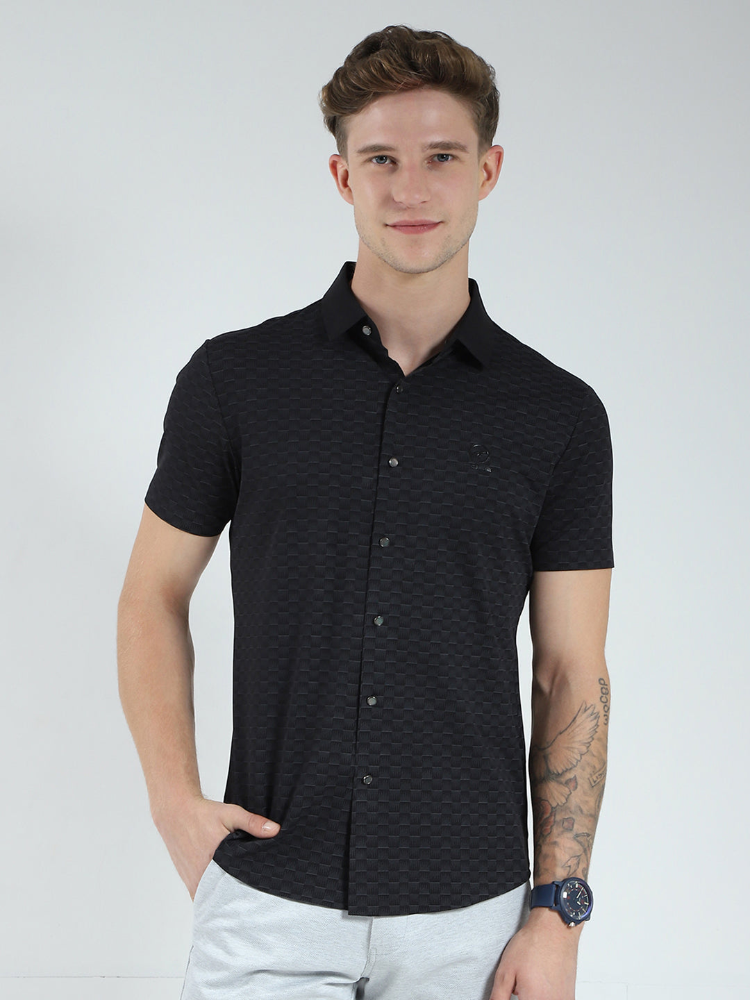 Men Black Printed Collar Half Sleeve Shirt
