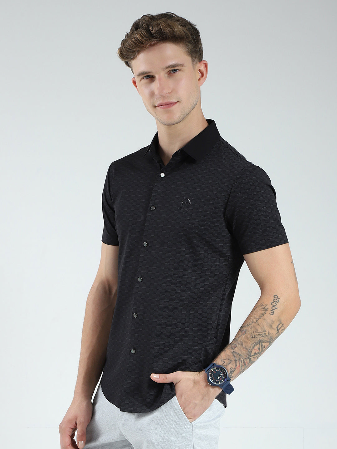 Men Black Printed Collar Half Sleeve Shirt