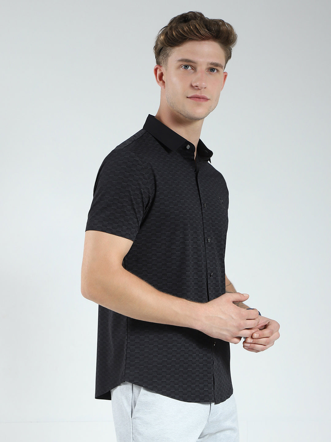 Men Black Printed Collar Half Sleeve Shirt