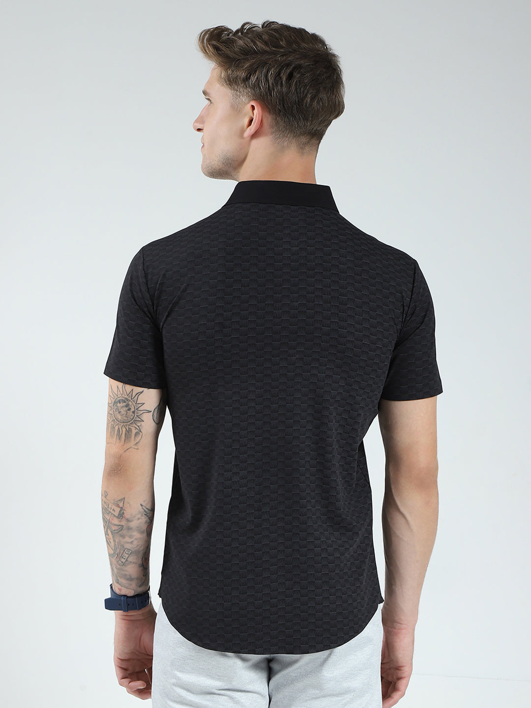 Men Black Printed Collar Half Sleeve Shirt