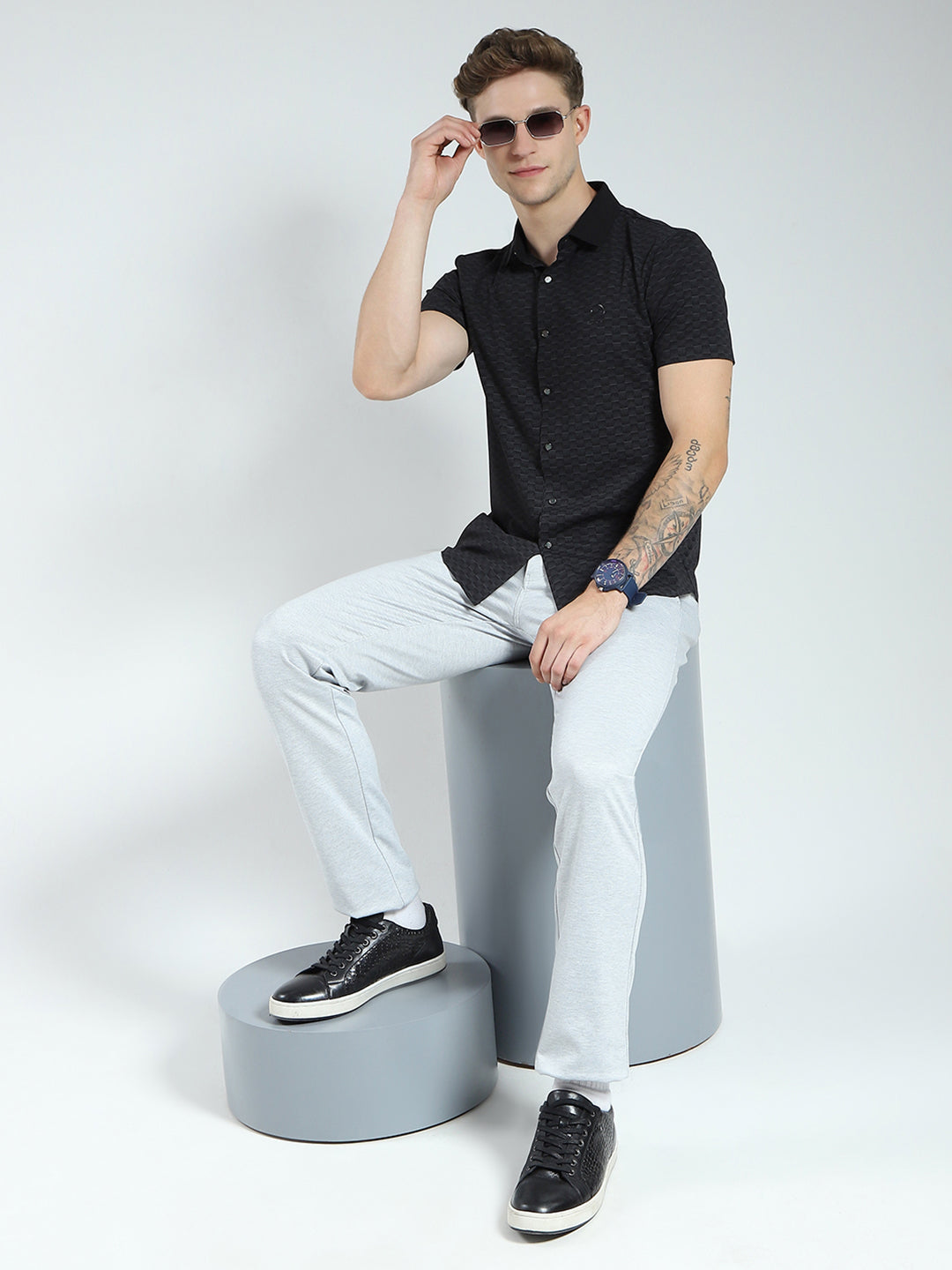 Men Black Printed Collar Half Sleeve Shirt