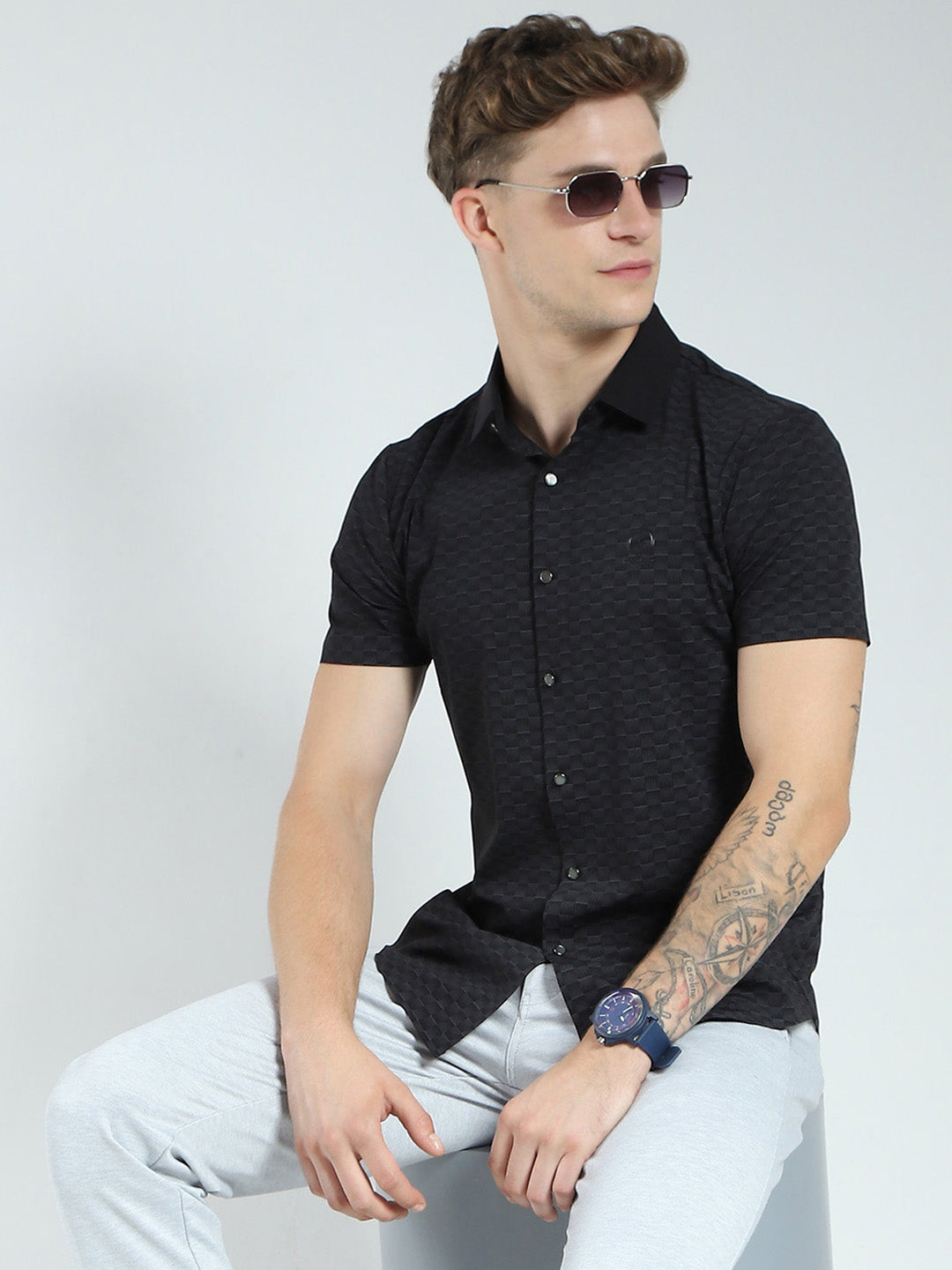 Men Black Printed Collar Half Sleeve Shirt