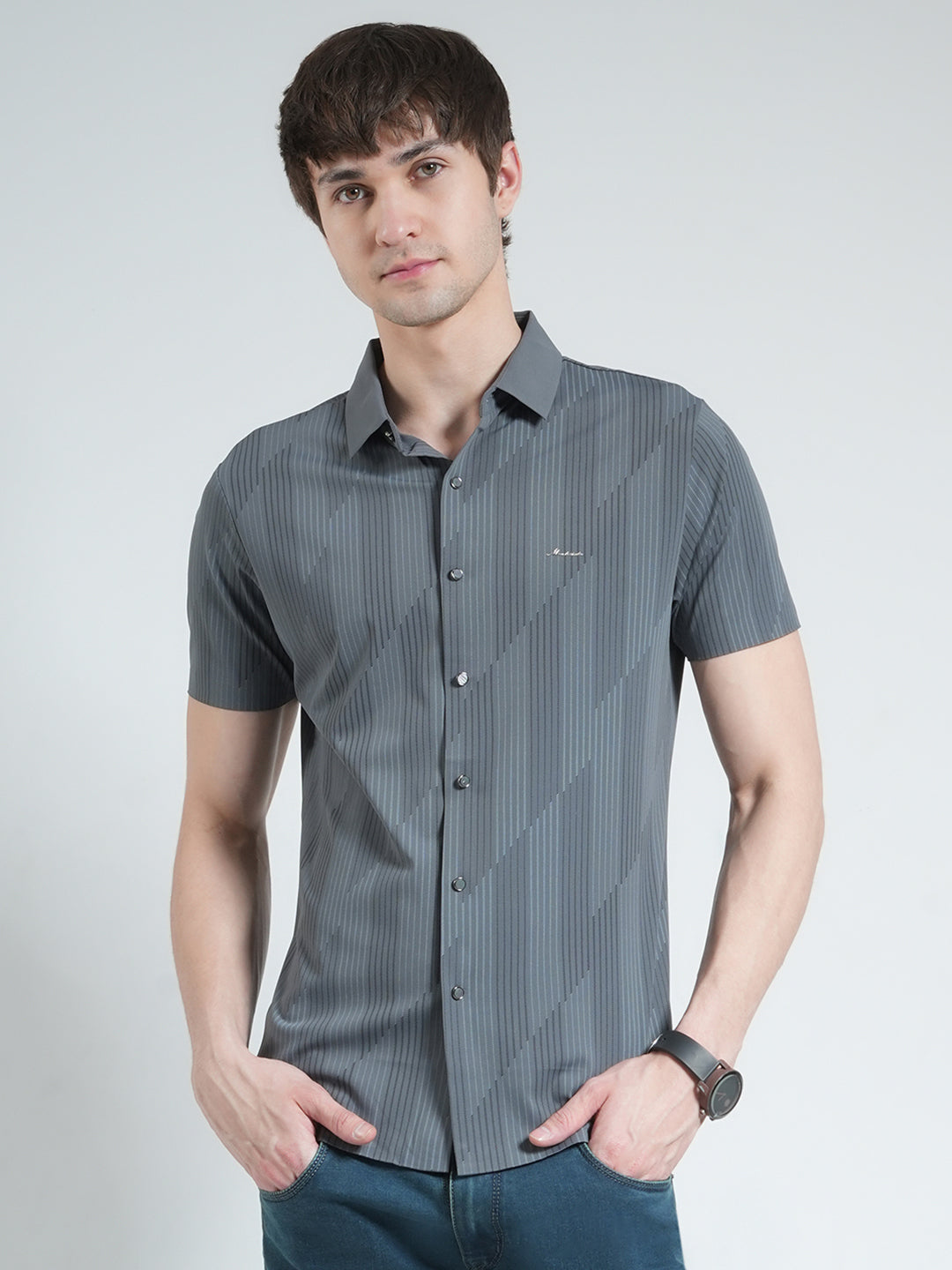Men Charcoal Printed Collar Half Sleeve Shirt