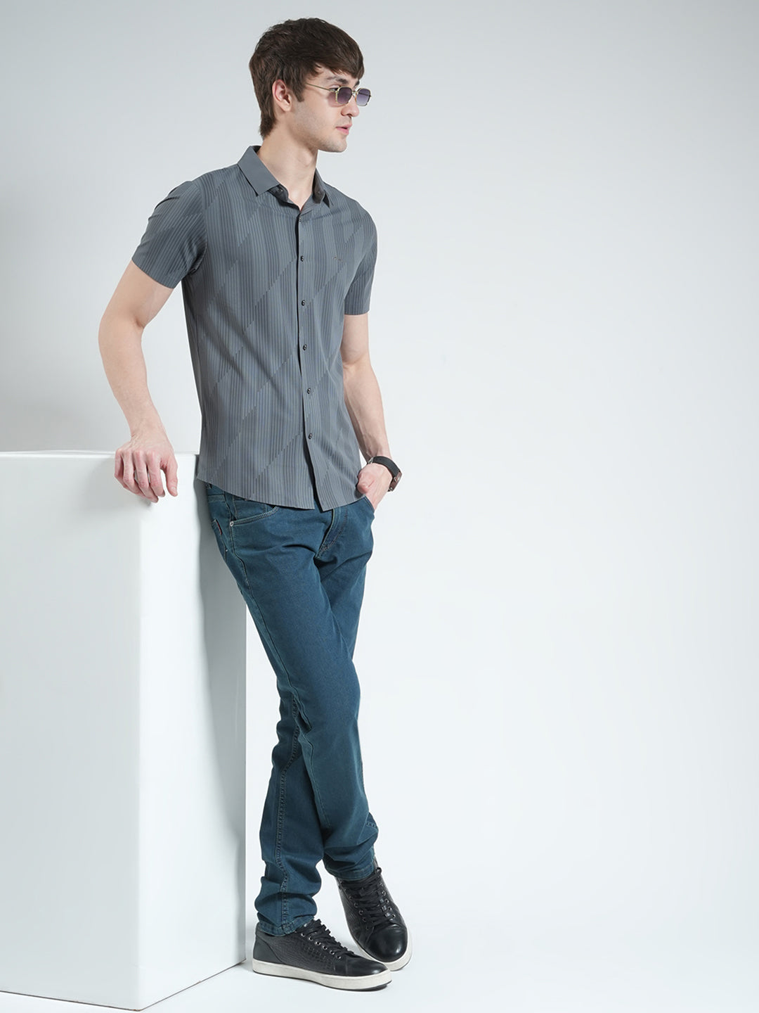 Men Charcoal Printed Collar Half Sleeve Shirt