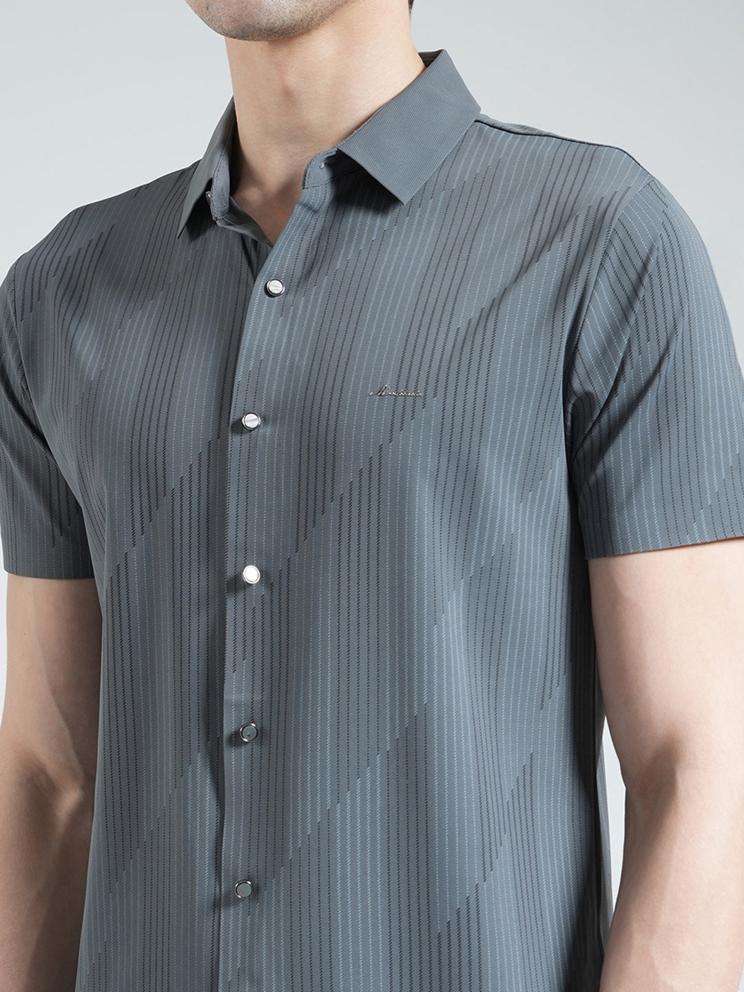 Men Charcoal Printed Collar Half Sleeve Shirt