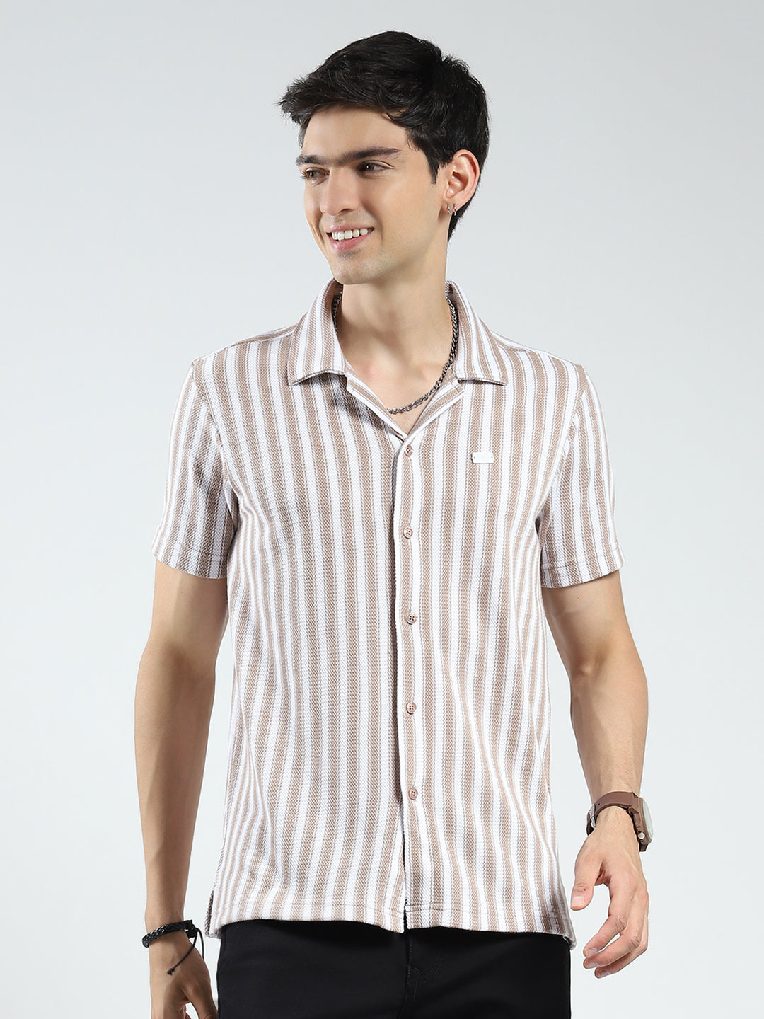 Men Brown Stripe Collar Half Sleeve Shirt