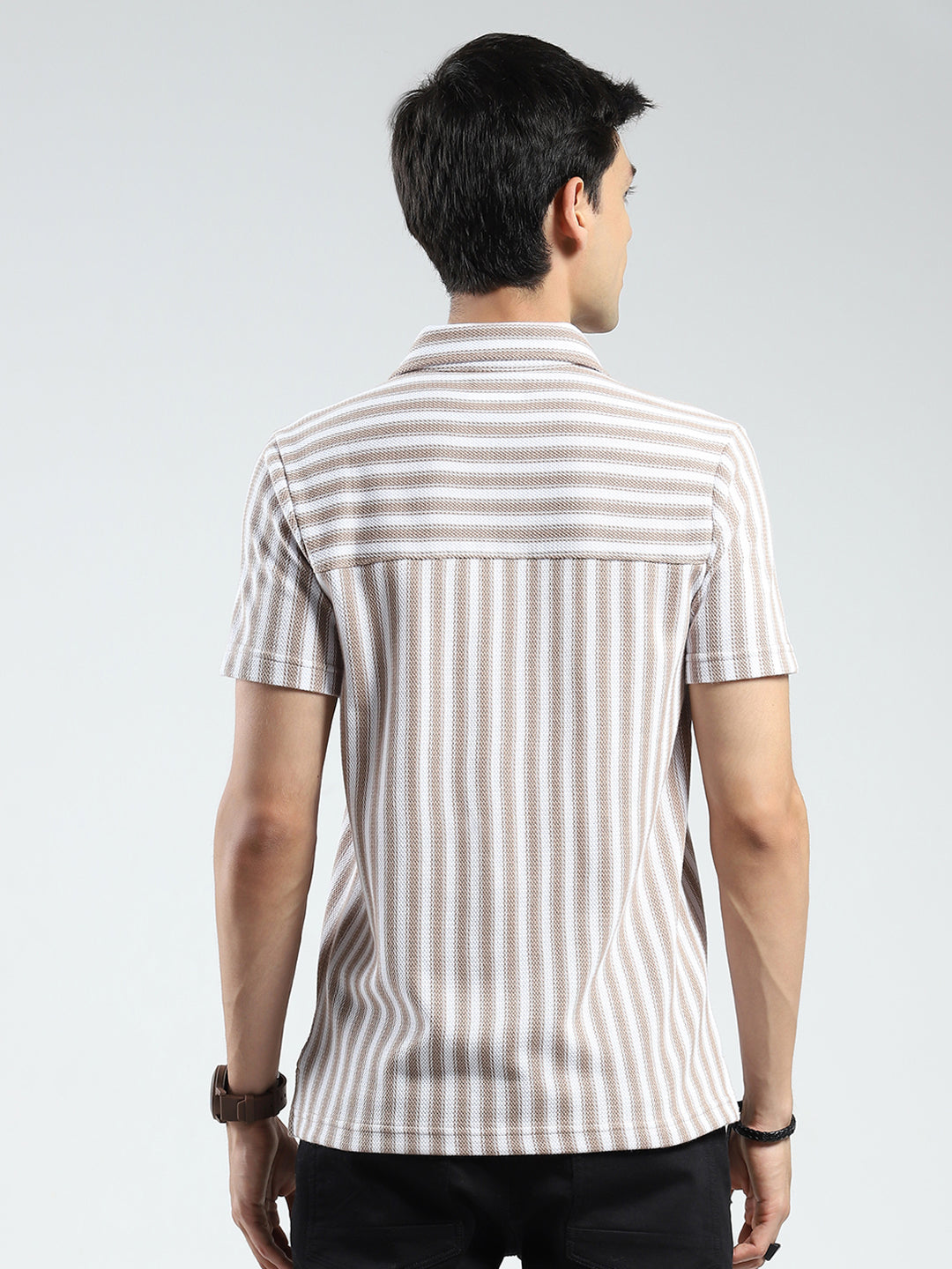 Men Brown Stripe Collar Half Sleeve Shirt