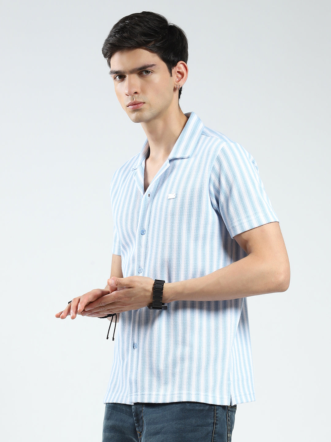 Men Blue Stripe Collar Half Sleeve Shirt
