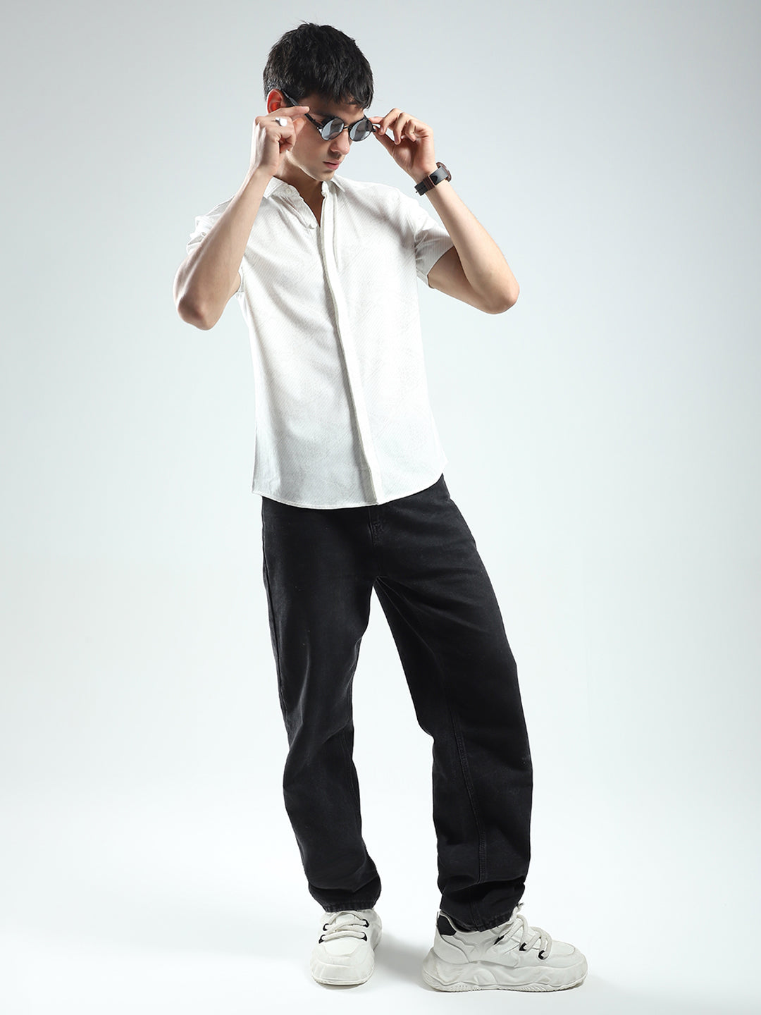 Men White Printed Collar Half Sleeve Shirt