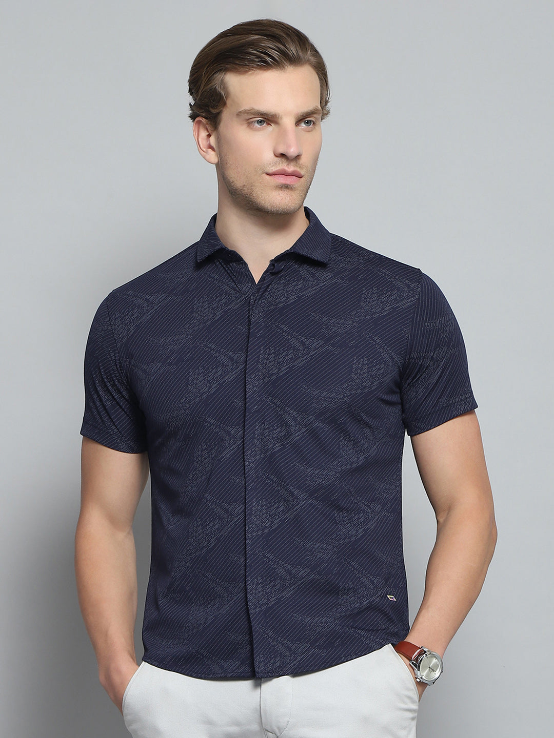 Men Navy Blue Printed Collar Half Sleeve Shirt