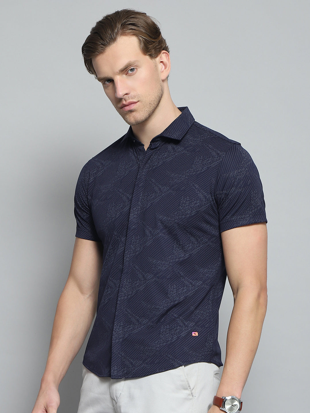 Men Navy Blue Printed Collar Half Sleeve Shirt