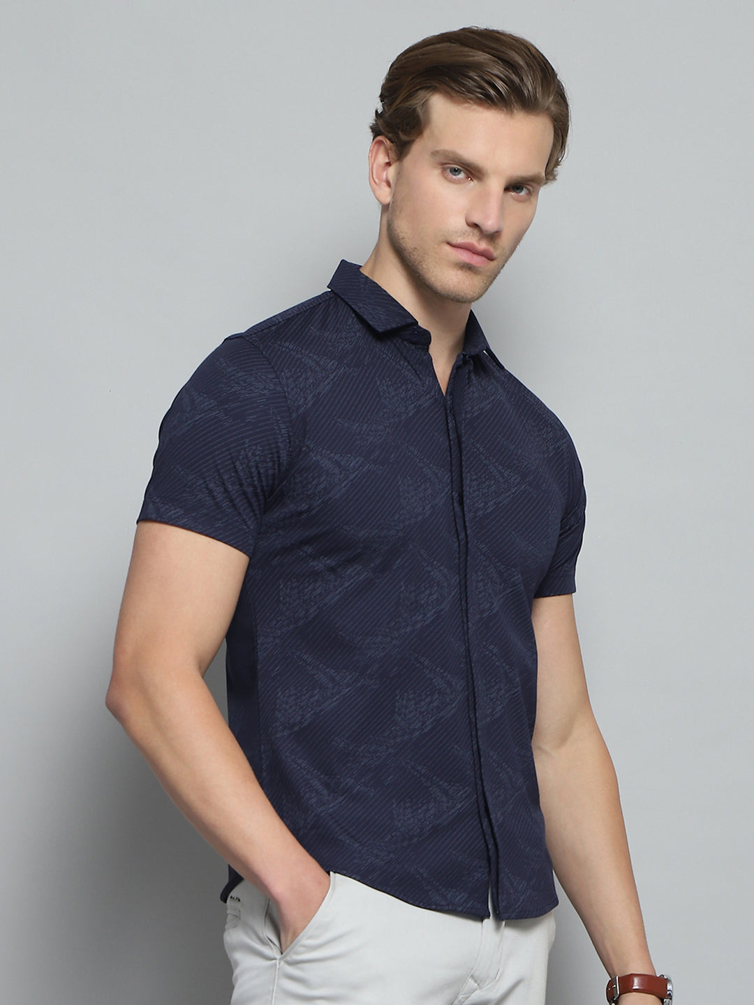 Men Navy Blue Printed Collar Half Sleeve Shirt
