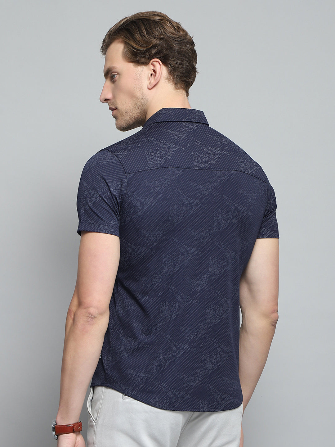 Men Navy Blue Printed Collar Half Sleeve Shirt