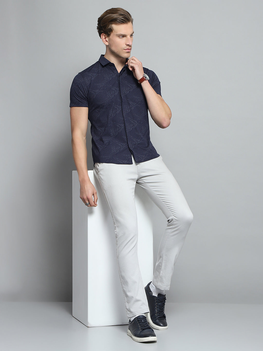 Men Navy Blue Printed Collar Half Sleeve Shirt