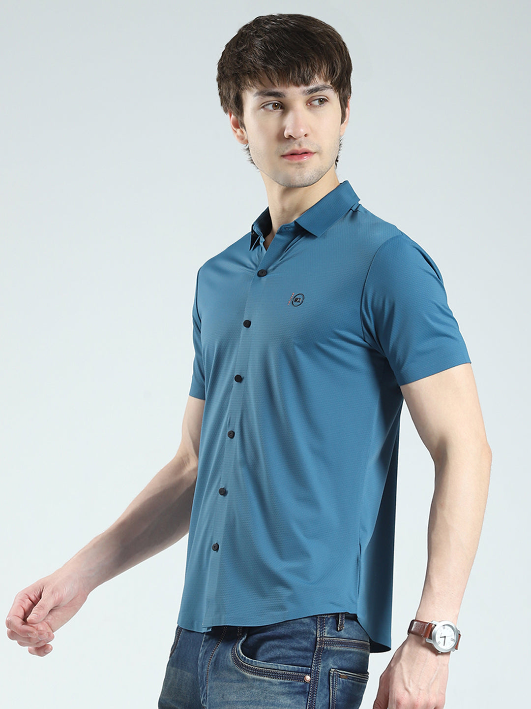 Men Teal Blue Solid Collar Half Sleeve Shirt