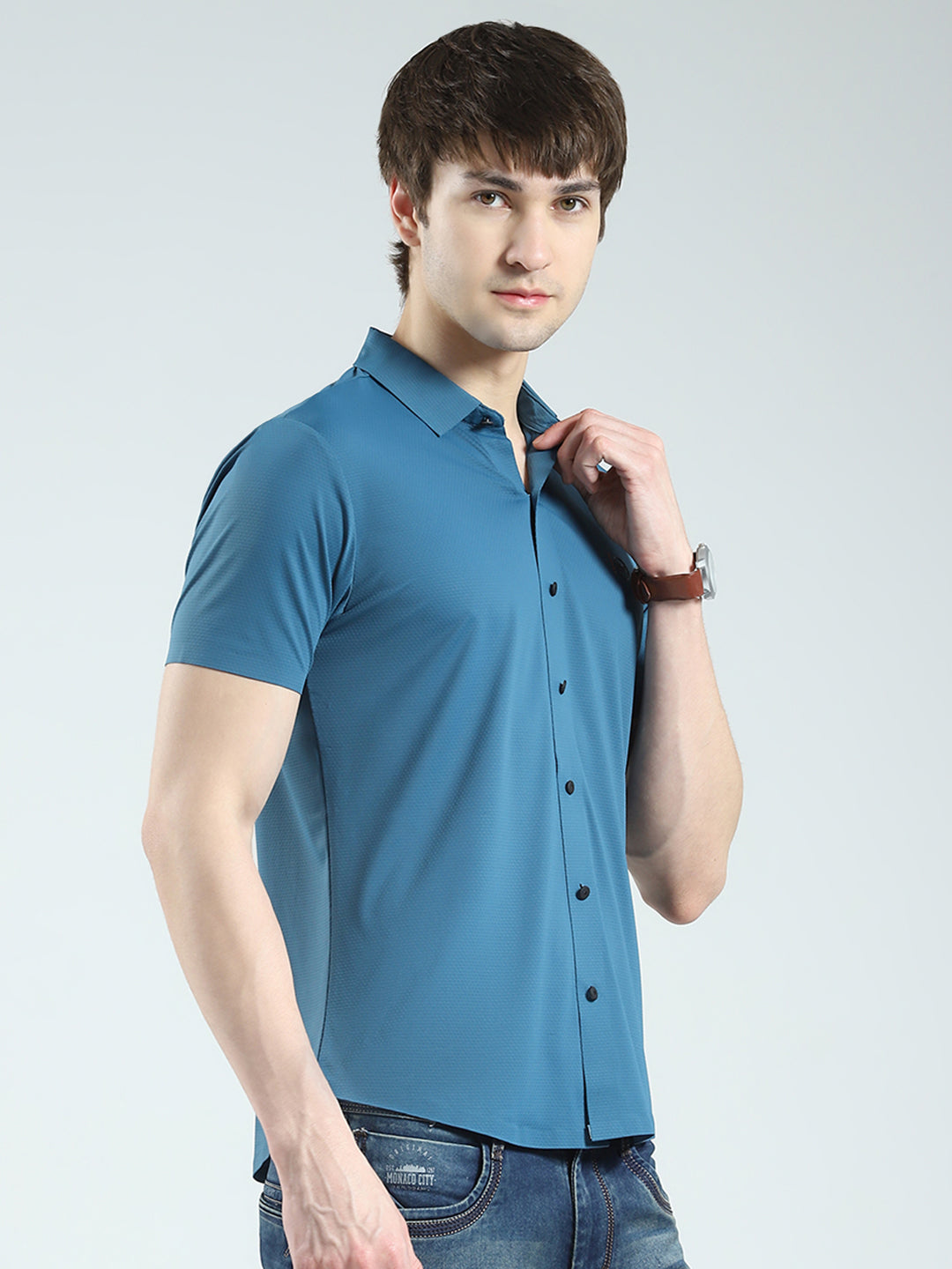 Men Teal Blue Solid Collar Half Sleeve Shirt