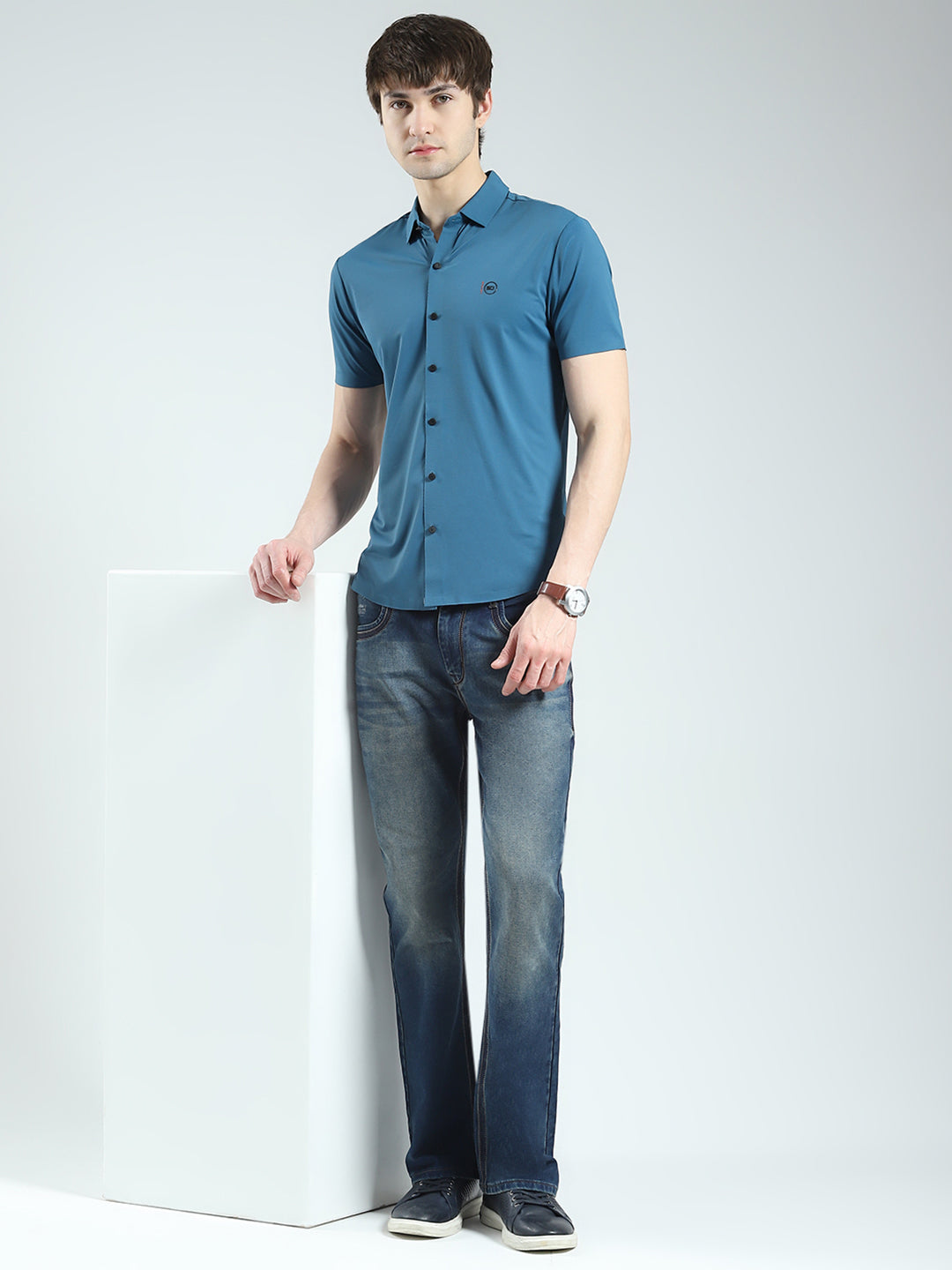 Men Teal Blue Solid Collar Half Sleeve Shirt