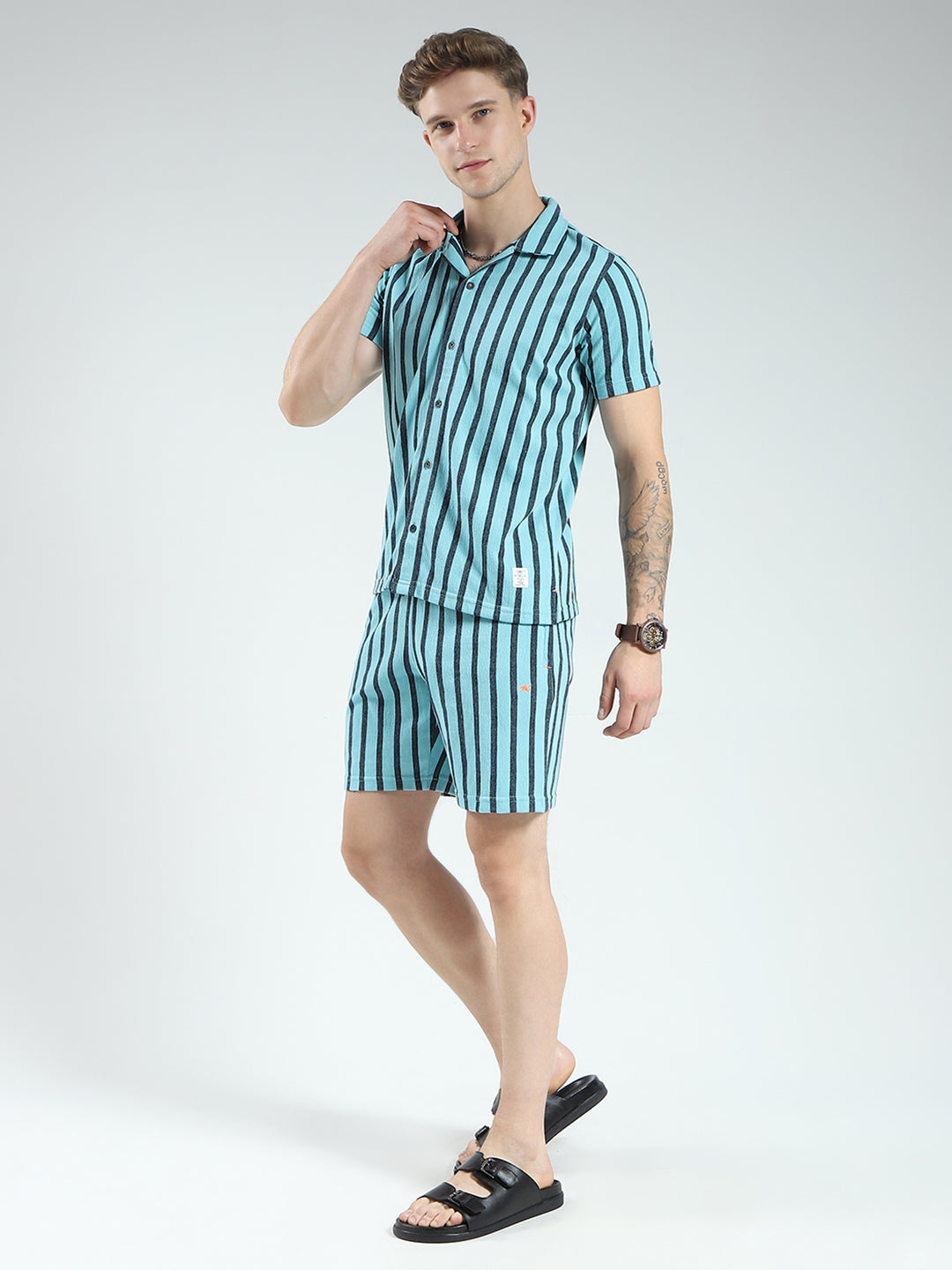 Men Blue Printed Collar Half Sleeve Bermuda Set