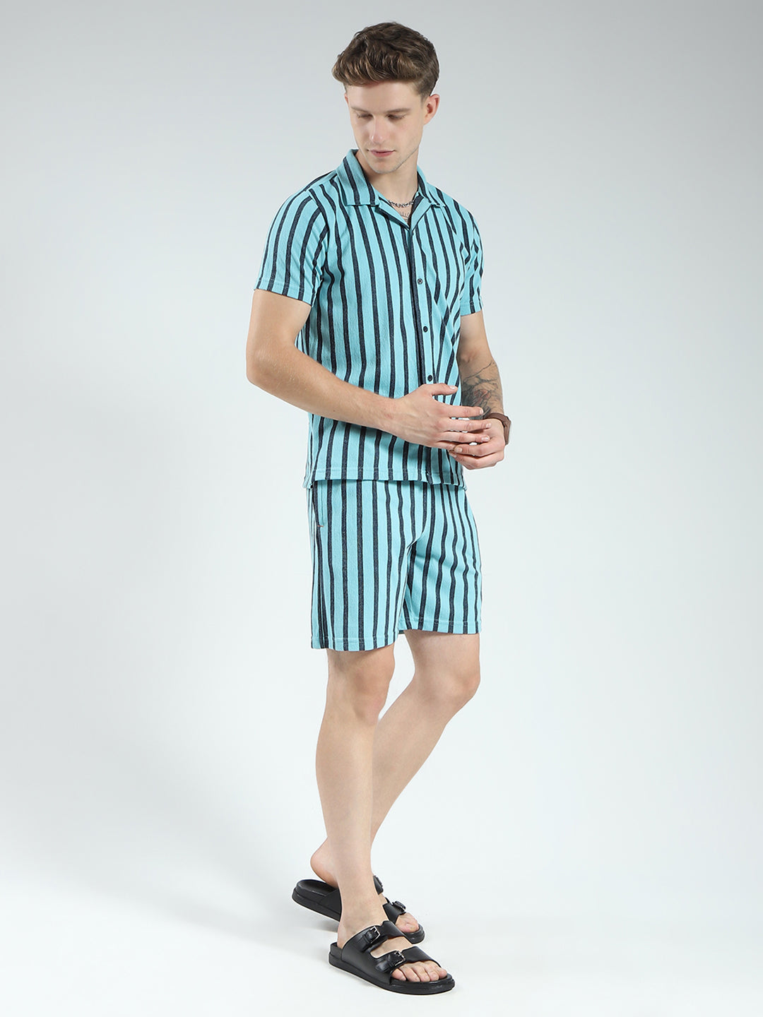 Men Blue Printed Collar Half Sleeve Bermuda Set