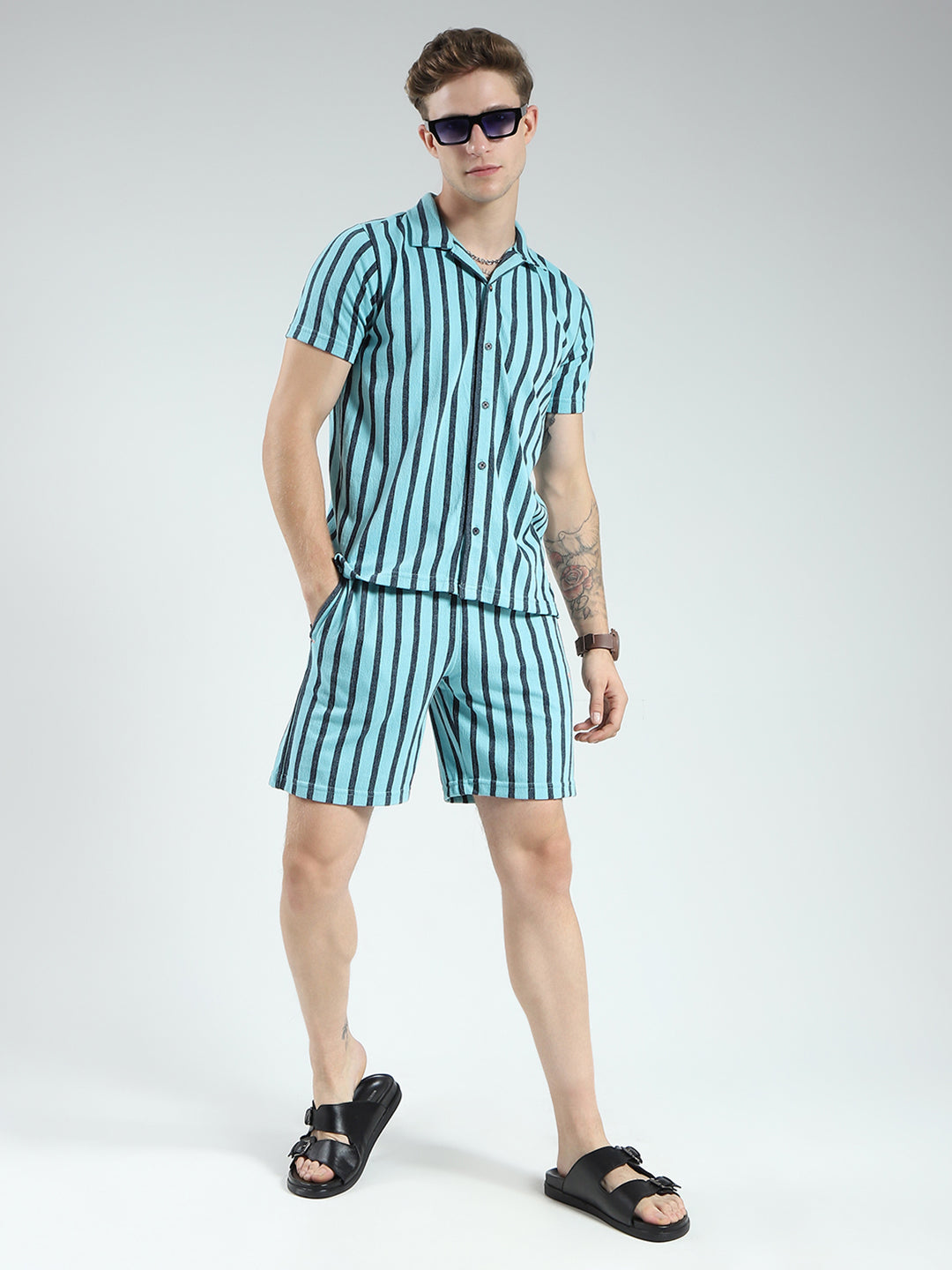 Men Blue Printed Collar Half Sleeve Bermuda Set